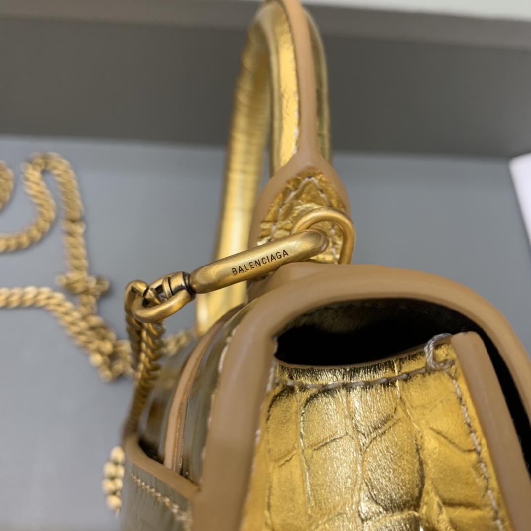 Balenciaga Hourglass Mini Handbag With Chain Crocodile Embossed Shoulder Bag Gold